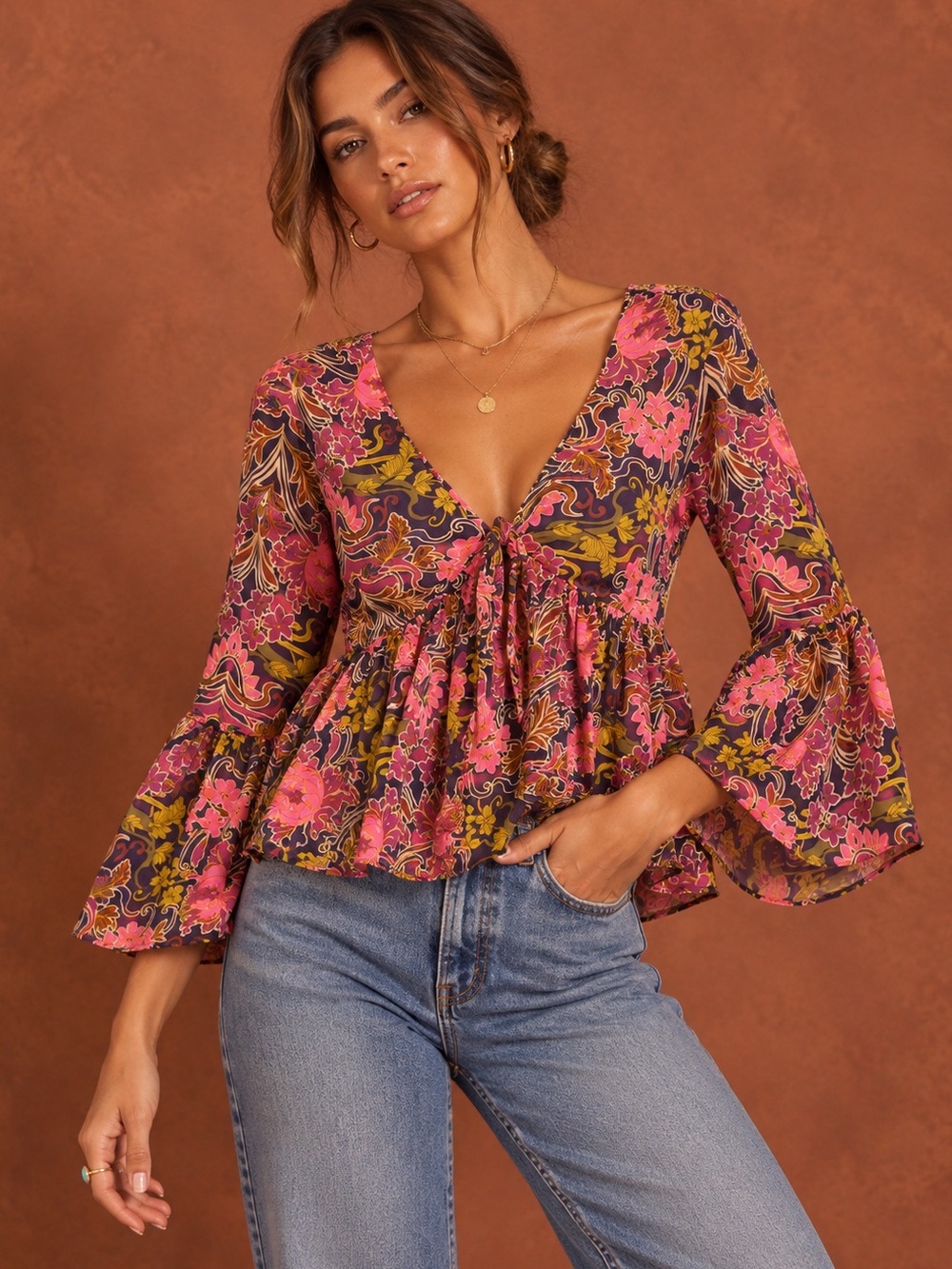 Gianni Bini Pink Multi Floral Peplum Blouse